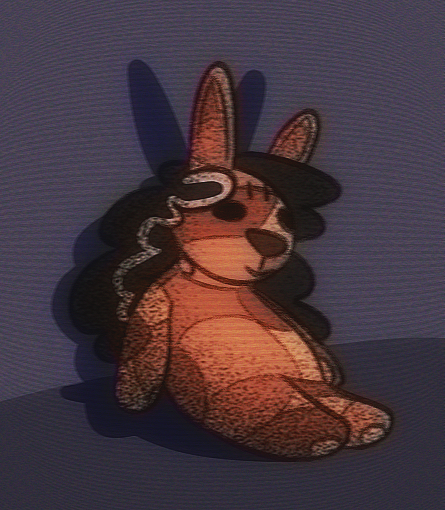 A drawing of a plush rabbit resembling Emmett. It has their long hair and stitching, but no clothes. It sits on a dark shelf.