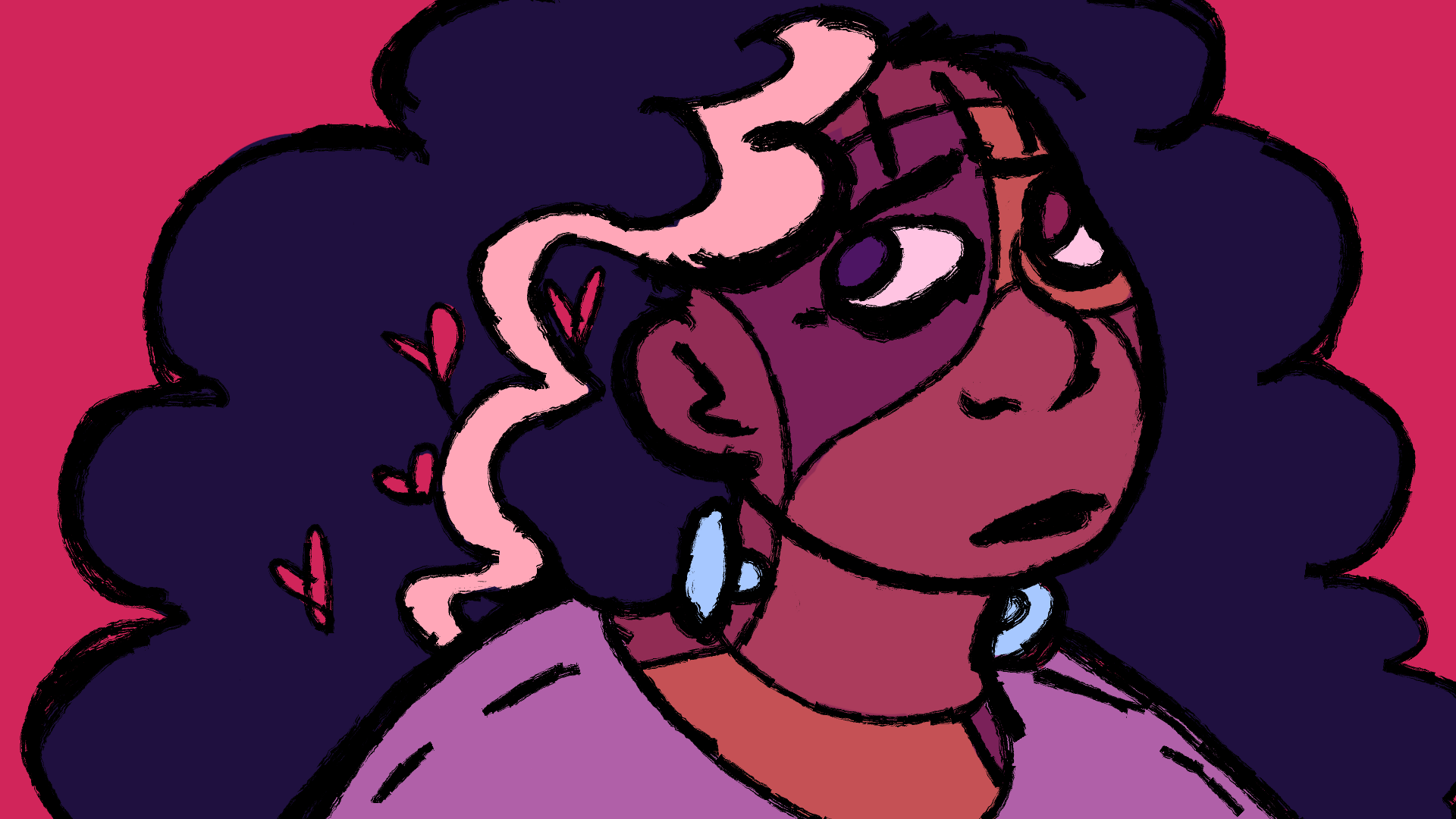 A headshot drawing of Emmett, turned to the left but looking up at the camera. The color palette is very red and purple and generally dramatic. There are a few hearts drawn to the side of their head.
